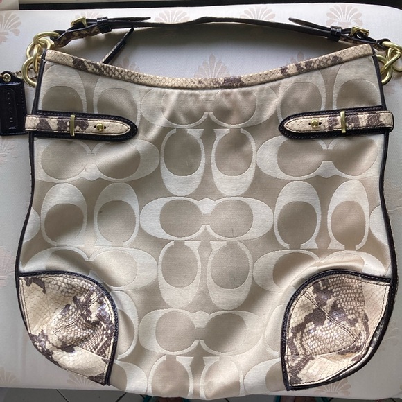 Coach Handbags - COACH classic tan material w/reptile pattern leather trim hobo purse. $55